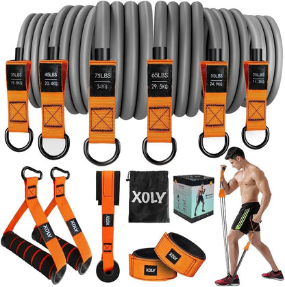 XOLY Heavy Resistance Bands 300lbs – Complete Home Gym Set with Handles & Door Anchor (Orange).