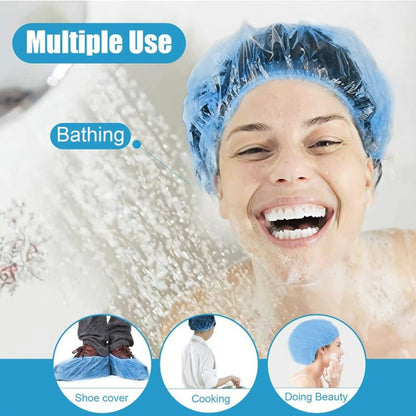 XOLY 100 Pcs Disposable Shower Caps – Waterproof Elastic Bath Caps for Home, Hotel & Salon (Blue)