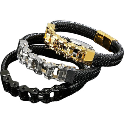 XOLY Men’s 18K Gold Plated Cowhide & Titanium Steel Bangle – Premium Patchwork Design.