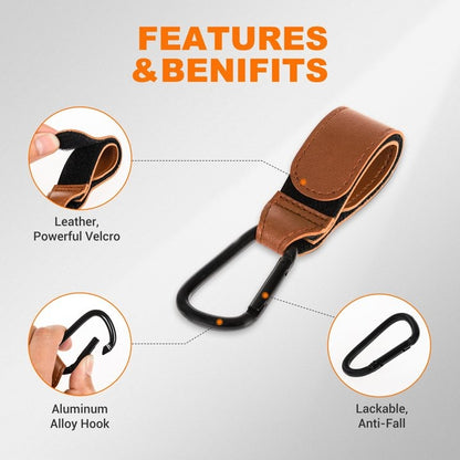 XOLY Stroller Hook Clips – 2 Pcs Heavy-Duty Non-Slip Pram Bag Holders (Brown)