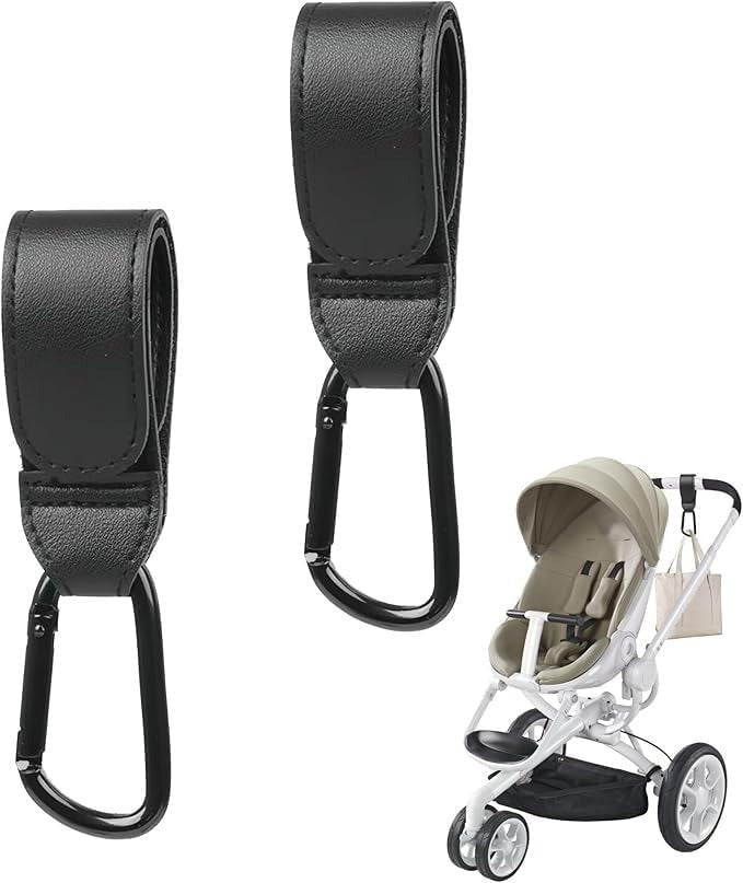 XOLY Stroller Hook Clips – 2 Pcs Heavy-Duty Non-Slip Pram Bag Holders (Black).