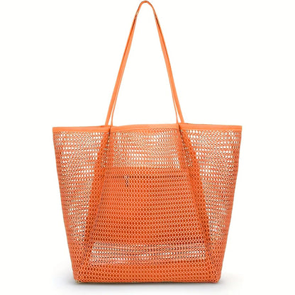 XOLY Beach Bag for Women – Large Mesh Tote with Zip Pocket, Perfect for Holiday & Travel (Orange)