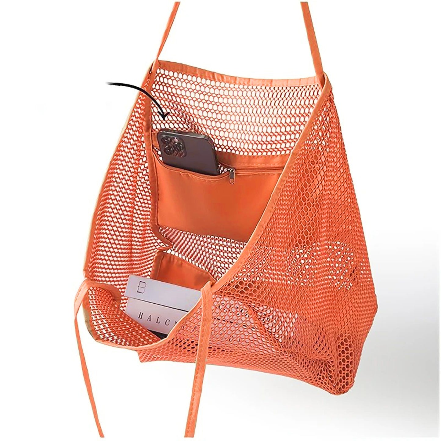 XOLY Beach Bag for Women – Large Mesh Tote with Zip Pocket, Perfect for Holiday & Travel (Orange)
