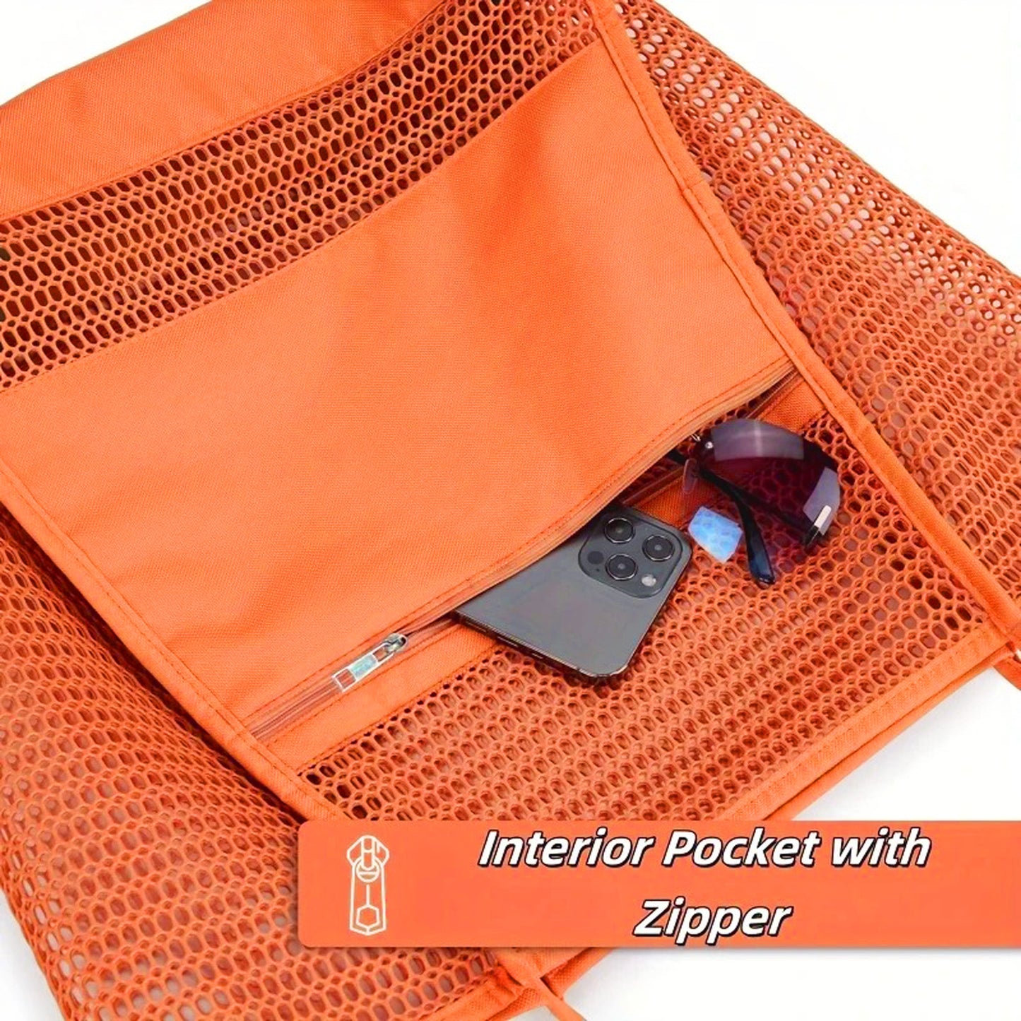 XOLY Beach Bag for Women – Large Mesh Tote with Zip Pocket, Perfect for Holiday & Travel (Orange)
